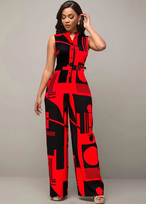 ROTITA Geometric Print Red Side Pocket Jumpsuit | Rotita.com - USD $39.87 Red Jumpsuits Outfit, English Gowns, Ankara Jumpsuit Styles, Classy Jumpsuit Outfits, Modesty Dress, Royal Family Fashion, Ankara Jumpsuit, Jump Suits, Fancy Short Dresses