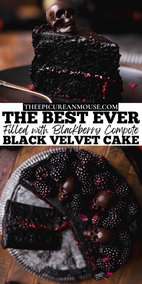 This black velvet halloween cake is perfect for spooky season. Its natural black color comes from using black cocoa powder. There is ZERO food dye in this cake! To compliment the robust chocolate flavor, I pair it with a fruity blackberry compote filling. #DecadentChocolateDelights Black Velvet Cake, Black Cocoa Powder, Black Velvet Cakes, Blackberry Compote, Black Cocoa, Broccoli Bake, Cheesy Cauliflower, Chocolate Delight, Halloween Cake