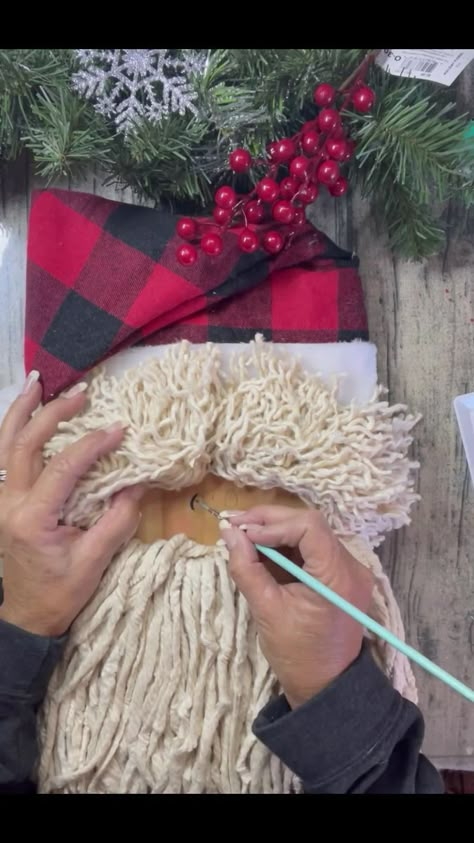 Mop head Santa. | How cute is this? | By Knot Just Chalk Gnome Mop Head Diy, Mop Head Gnomes Diy How To Make, Wooden Santa With Mop Beard, Santa Gnome Door Hanger, Mop Head Santa Instructions, Santa Made From Mop Head, Santa Face Craft, Mop Santa Head, Knot Just Chalk