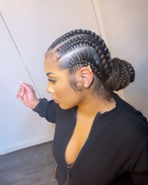 Stitched Braids With Bun, Two Bun Braids, 6 Braids Hairstyles Black Cornrows, Stitch Braids Low Bun, Stitch Braid Into Bun, Stitch Feed In Braids Bun, Braids And Buns Hairstyles, Large Stitch Braids, 4 Feed In Braids Hairstyles With Bun