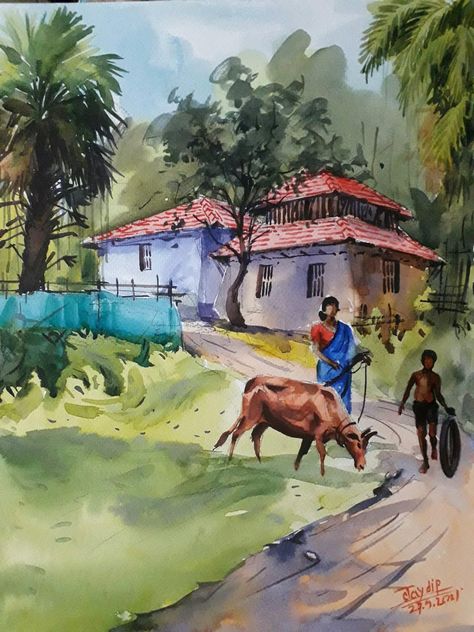 Water Colour Landscape, Village Scene Drawing, Watercolor Indian, Bull Painting, Watercolor Scenery, Watercolor Paintings Of Animals, Architecture Drawing Sketchbooks, Landscape Painting Tutorial, Watercolor Paintings Nature