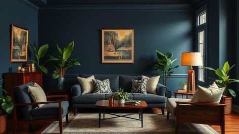 21 Moody Living Room Ideas Moody Navy Living Room, Maximalism Living Room, Maximalism Bedroom, Moody Living Room Ideas, Navy Living Rooms, Moody Living Room, Statement Art Pieces, Eclectic Maximalism, Moody Decor