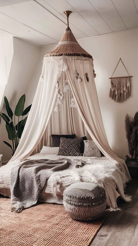 A romantic boho bedroom with a flowing canopy draped over the bed, surrounded by warm lighting and cozy decor. Canopy Bedroom, Boho Style Bedroom, Cozy Boho, Bedroom Bliss, Romantic Boho, Bed Canopy, Style Bedroom, Romantic Decor, Canopy Bed