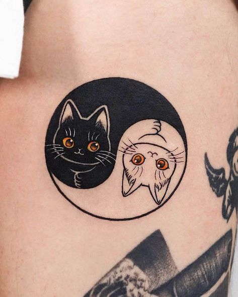 61 Balanced Yin Yang Tattoos With Meaning - Our Mindful Life Cat And Dog Tattoo, Cats Tattoo, Wrist Tattoo Cover Up, Ying Yang Tattoo, Cute Cat Tattoo, Yin Yang Tattoos, Cat Tattoo Designs, Tattoo Cat, E Tattoo