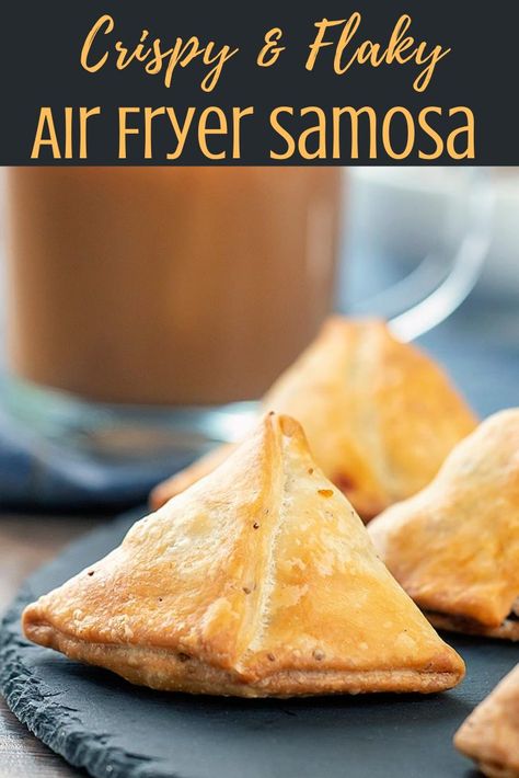 Air fryer samosas are an absolute family favorite and are to make at home. These crispy dough pockets are stuffed with potatoes and peas and air fried to give them a healthier twist.  They make a perfect starter or side dish or buffet food for your next party. Frozen Samosa, Veg Samosa, Punjabi Samosa, Roast Garlic, Samosa Recipe, Indian Appetizers, Air Fryer Cooking, Recipes Air Fryer, Dried Mangoes