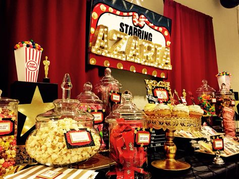 Hollywood theme candy table designed by Glam Candy Buffets! Red Carpet Candy Table Ideas, Hollywood Candy Table, Hollywood Sweet 16, 50th Birthday Party Themes, Movie Night Theme, Hollywood Birthday, Hollywood Party Theme, Red Carpet Party, Movie Themed Party