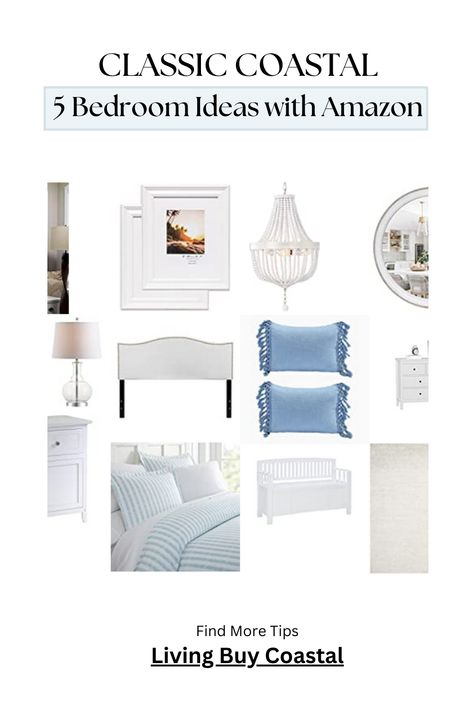 bedroom moodboard with classic coastal white and blue decor items Coastal Farmhouse Bedroom, Coastal Cottage Bedroom, Amazon Bedroom, Coastal Style Bedroom, Coastal Bedroom Ideas, Summer Bedroom, Classic Coastal, Rough Wood, Rustic Coastal