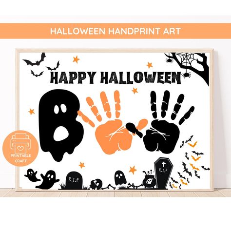 Halloween Handprint Craft | BOO Halloween Activity | October Craft Classroom Activity | Halloween Classroom Decor | Preschool Halloween Art Preschool Halloween Art, Classroom Decor Preschool, Halloween Classroom Decor, Halloween Handprint Crafts, Handprint Calendar, Halloween Handprint, Halloween Crafts For Toddlers, October Crafts, Halloween Kunst