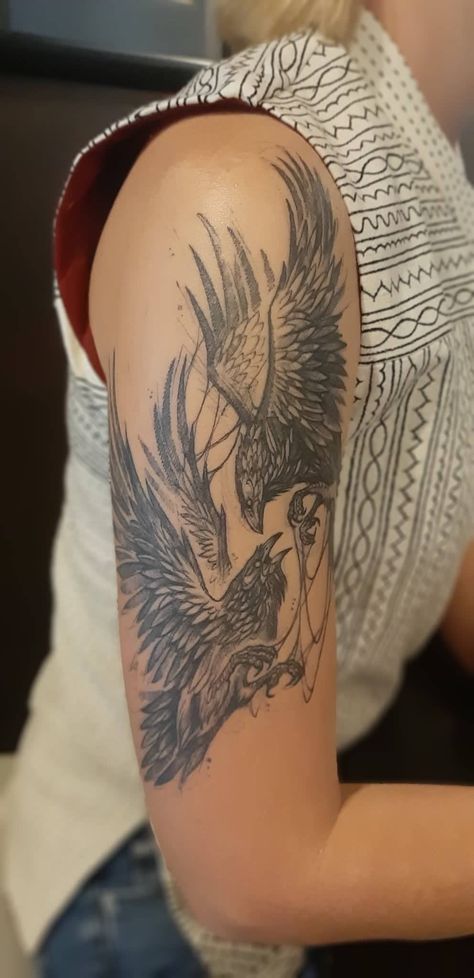 Raven Phoenix Tattoo, Raven Couple Tattoo, Odens Raven Tattoo, Black And White Raven Tattoo, Raven Forearm Tattoo For Women, Raven Tattoo Upper Arm, Huginn Muninn Tattoo, Odin Ravens Tattoo, Raven Arm Tattoo Women