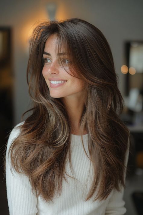 7. V-Cut Layers with Chestnut Balayage (Hairstyles With Long Layers) - Hairstyles With Long Layers Long Layered Haircuts For Medium Hair, Long Brown Hair With Layers Face Framing, Hair 2025 Trends, Hairstyles With Long Layers, Long Soft Layers Haircut, Long Length Hair With Layers, Layered V Cut Hair, Layers Styled, Chestnut Balayage