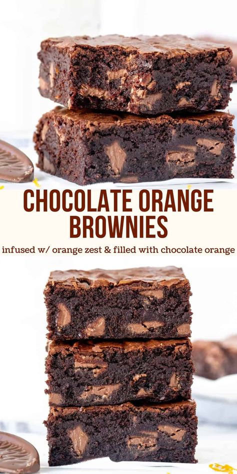 These chocolate orange brownies are thick and chewy with a delicious hint of citrus to complement the rich chocolate flavor. They're filled with chunks of Terry's chocolate orange - or your favorite orange chocolate - to really take them to the next level. #chocolateorange #brownies #orangechocolate #terryschocolateorange #fudgebrownies from Just So Tasty Chocolate Orange Brownies, Chocolate Orange Cookies, Orange Brownies, Brownie Desserts Recipes, Orange Dessert, Terry's Chocolate Orange, Dark Chocolate Brownies, Orange Chocolate, Brownie Desserts