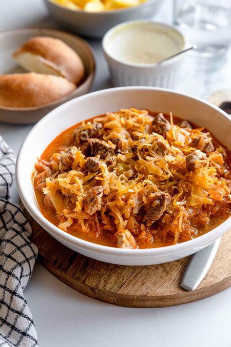 Pork and Sauerkraut Goulash (Segedin) Pork Goulash, Pork And Sauerkraut, Foreign Recipes, Desserts Bread, Bread Quick, Sauerkraut Recipes, Pork Stew, Goulash Recipes, Delicious Magazine