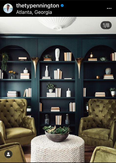 Sitting Room Ideas Bookshelves, Home Library Design Wall Shelves, Bookshelf With Bar, Small Living Room Dining Room Kitchen Combo Decorating Ideas, Art Deco Built In Bookcase, Built In With Arch, Victorian Built Ins, Black Arched Bookcase, Arched Bookshelf Diy