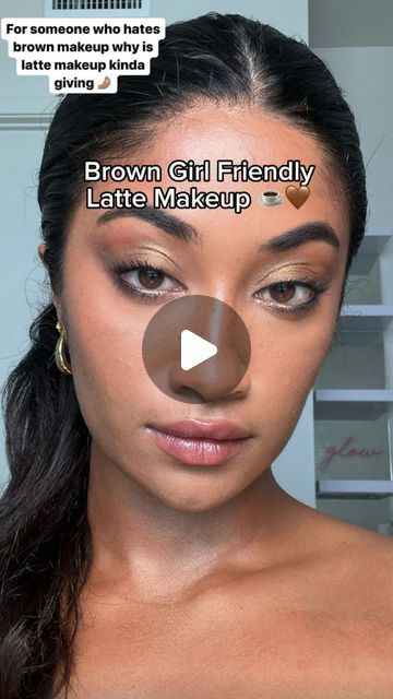 Monica Ravichandran 🇺🇸🇮🇳✨ on Instagram: "LATTE MAKEUP on brown skin 👀 I’m kinda shook by how much I liked this at the end at first I was like ehhh cause most brown shades wash me out 😭 lmk if we want the longer tutorial 🤎 inspo @rachrigler Products are linked in my LTK WITH the shades I use 🤎 @supergoop glow screen in golden hour @bobbibrown color corrector @maybelline skin tint @milkmakeup concealer @onesize setting powder @colourpopcosmetics bronzer stick @halfmagicbeauty brown blush @aboutfacebeauty matte fluid eye paint @rarebeauty new metallic eye shadow sticks @makeupbymario metallic gold highlighter @personacosmetics dark brown eyeliner @maybelline tattoo studio gold liner @tower28beauty one liner & lip jelly #browngirlmakeup#lattemakeup#bronzeglam#summermakeup#summerglam#ma Brown Blush Makeup, Brown Liner Makeup Eyes, Latte Makeup Look Brown Skin, Monica Ravichandran, Golden Eye Makeup Tutorial, Maybelline Skin Tint, Makeup On Brown Skin, Supergoop Glow Screen, Dark Brown Eyeliner