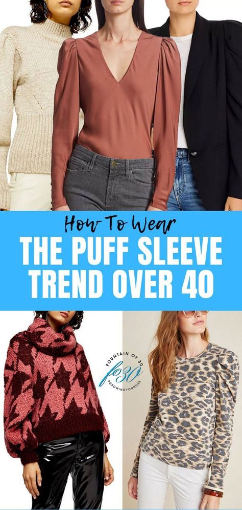 Try the puff sleeve trend! There are many ways to style voluminous sleeve tops so you won't look like you're wearing a costume. Here's how to wear puff sleeves when you're over 40. #fashion #fashiontrends #over40 #puffsleeves Seinfeld Puffy Shirt, Buff Sleeves, Over 40 Fashion, How To Wear Sneakers, 40 Fashion, Victorian Costume, Puff Sleeve Sweater, Funnel Neck Sweater, Costume Drama