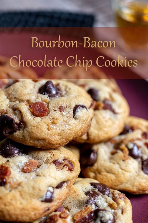 bourbon bacon chocolate chip cookies on a red plate and a shot of bourbon in the background Maple Bacon Bourbon Chocolate Chip Cookies, Bourbon Chocolate Chip Cookies, Booze Cookies, Bourbon Cookies, Bacon Chocolate Chip Cookies, Bacon Desserts, Bacon Cookies, Dark Chocolate Chip Cookies, Salted Chocolate Chip Cookies