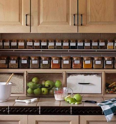 spices in matching jars lined up on a shelf under kitchen cabinets Kitchen Store Room, Boutique Bedroom, Youtube Room, Wall Spice Rack, Gray Headboard, Wall Mounted Spice Rack, Wooden Spice Rack, Store Room, Space Saving Kitchen