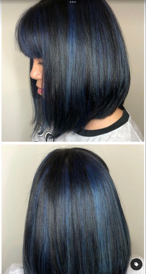 Blue Partial Highlights, Hair Blue Highlights For Dark Hair, Short Hair With Colored Tips, Short Black Hair With Blue Highlights, Blue Highlighted Hair, Short Blue Hair Styles, Black And Blue Highlights Hair, Blue Streaks In Brown Hair Short, Short Blue Hair Bob