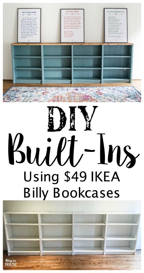 An easy to follow step-by-step tutorial showing how to build bookcase built-ins using IKEA Billy bookcases. #IKEAhack #homeimprovement #build #playroom Diy Built Ins, Billy Bookcases, Ikea Desk Hack, Diy Playroom, Kura Bed, Ikea Hack Ideas, Ikea Billy Bookcase, Ikea Furniture Hacks, Ikea Billy