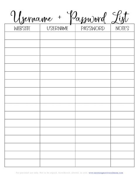 Free Printable Bujo Templates, Username Password Template, Printable Lists Free, Printable Organization Sheets Free, Big Notebook, Life Organization Printables, Printable Password Tracker, Password Printable, Bill Tracker Printable