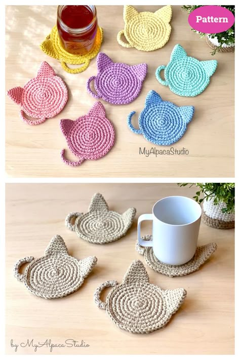 10+ Cat Coaster Crochet Patterns - Page 3 of 3 Cat Coaster Crochet, Coaster Patterns, 100 Crochet Stitches, Scrap Yarn Crochet, Coaster Crochet, Crochet Coasters Free Pattern, Mug Rug Patterns, Scrap Yarn, Crochet Cat Pattern