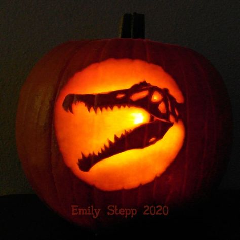 Emily Stepp on Instagram: “Spooky Spinosaurus skull pumpkin wants to wish you all a happy and safe Halloween!” Jurassic Park Pumpkin, Dinosaur Pumpkin Carving, Pumpkin Carving Stencils Easy, Dinosaur Pumpkin, Printable Pumpkin Stencils, Pumpkin Carving Stencils Free, Halloween Pumpkin Carving Stencils, Creative Pumpkin Carving, Easy Pumpkin Carving