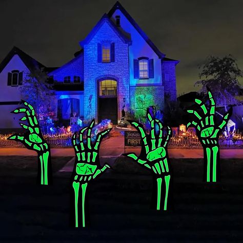 PRICES MAY VARY. UNIQUE GLOW-IN-THE-DARK DESIGN: This Halloween decorative Black Skeleton Hands sign has a glow-in-the-dark coating on the surface, and at night the Black Skeleton Hands will emit a green light, adding a Halloween atmosphere to the yard HIGH-QUALITY MATERIALS:These yard signs are made of durable corrugated plastic, 3 pieces of 3 Halloween yard decorations windproof protection, strong resistance to corrosion, even in bad weather it is safe to use EASY TO USE: It’s easy and quick t Black Light Halloween, Halloween Yard Signs, Yard Party, Beetlejuice Halloween, Skeleton Decorations, Halloween Yard Decorations, Halloween Yard, Outdoor Halloween, Yard Signs