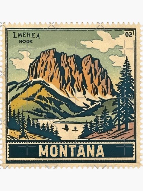 "Vintage Montana Mountains Stamp Artwork" Sticker for Sale by tiigerdad | Redbubble Mountain Stamp, Vintage Montana, Montana Mountains, Big Sky Country, Majestic Mountains, Vintage Postage Stamps, Vintage Postage, Mountain Designs, Step Back