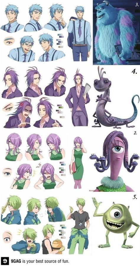 Monsters Inc in anime and i know this technically isnt disney but hey... Disney Anime Style, Cartoon Characters As Humans, Anime Vs Cartoon, Images Disney, Cartoon As Anime, Anime Monsters, Anime Version, Disney Memes, Anime Crossover