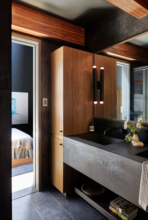 A Night and Day Renovation of a Lofted Bedroom and Bathroom in Cobble Hill, Brooklyn Basement Guest Suite, Basement Half Bath, Guest Suite Bathroom, Lofted Bedroom, Ikea Room Divider, Cobble Hill Brooklyn, Windowless Bathroom, Moody Bathroom, Going Dark