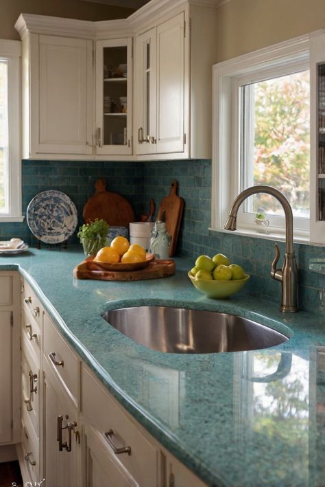 kitchen countertop colors, kitchen countertop materials, kitchen countertop ideas, best kitchen countertops 2 Countertop Colors In Kitchen, Kitchen Design Black Granite, Blue Countertops Kitchen, Colorful Countertops, Kitchen Countertops Granite Colors, Blue Countertops, Green Countertops, White Cabinets White Countertops, Tile Countertops Kitchen