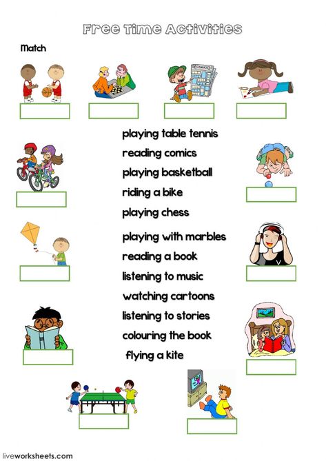 Free Time activities interactive and downloadable worksheet. You can do the exercises online or download the worksheet as pdf. English Games For Kids, Free Time Activities, Summer Camp Activities, How To Play Chess, Time Worksheets, 2nd Grade Worksheets, English Worksheets For Kids, Activities Worksheet, English Activities