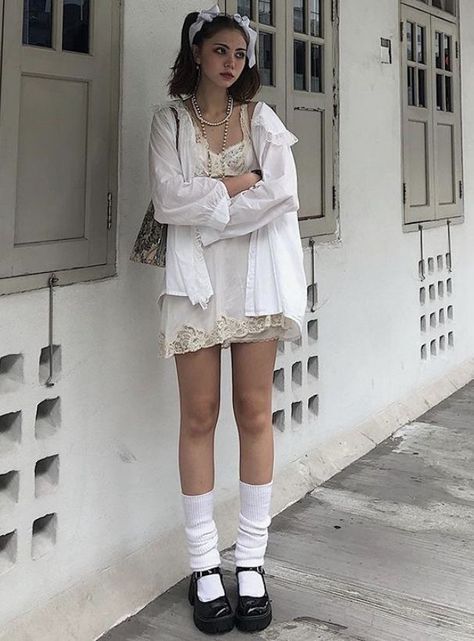 white oxford long soeeve with white lace slip dress Slip Dress Outfit, White Slip Dress, Knit Leg Warmers, White Slip, Jane Shoes, Mode Inspo, Looks Style, Mary Jane Shoes, Dream Clothes