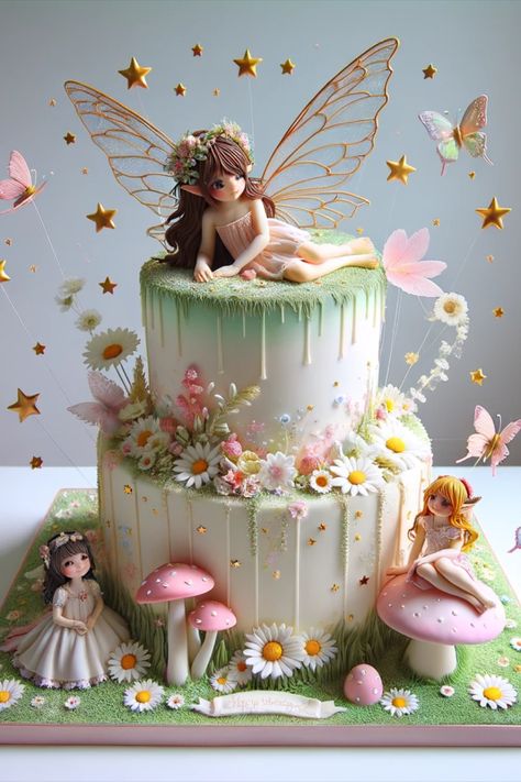 Unique Birthday Cake Ideas, Butterfly Theme Cake, Unique Birthday Cake, Garden Birthday Cake, Fairy Theme Birthday Party, Fairy Garden Cake, Fairy Birthday Cake, Cake Designs For Girl