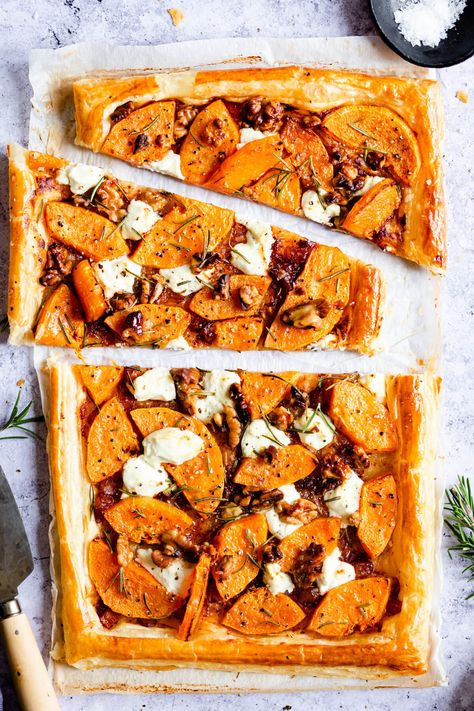 Super easy recipe for butternut squash & goats' cheese tart with rosemary and walnuts from Anna Banana Co. This savoury tart served with side salad will make a perfect midweek dinner! #vegetarian #easyrecipe Recipe For Butternut Squash, Savoury Tart, Savory Butternut Squash, Butternut Recipes, Savoury Tarts, Goat Cheese Tart, Goat Cheese Recipes, Cheese Tart, Anna Banana