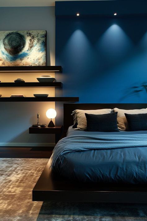 Room Color Ideas For Men, Ideas Cuarto Hombre, Small Hotel Bedroom, Luxury Blue Bedroom, New York Bedroom Ideas, Blue Bedroom Ideas For Men, Bedroom Decor Western, Luxury Bedroom Lighting, Male Bedroom Ideas