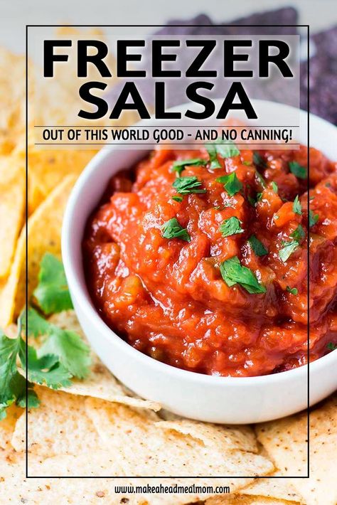 Not into canning?  That's okay!  You can make this AMAZING homemade salsa and there is NO canning involved!  Store in your freezer - yes, your freezer!  This freezer salsa is simply amazing!  You will never believe how easy it is to whip up!  #freezerfriendly #freezer #freezersalsa #salsa #makeahead #makeaheadmealmom #makeyourown Freezer Salsa Recipe, Freezer Salsa, Freeze Salsa, Best Freezer Meals, Fresh Salsa Recipe, Canning Salsa, Fresh Tomato Recipes, Fresh Salsa, Homemade Salsa