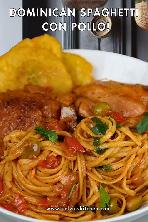 Indulge in the savory fusion of Dominican and Italian flavors with our mouthwatering Dominican Chicken Pasta recipe. Tender chicken thighs, al dente spaghetti, and crispy Tostones – all in one irresistible dish. Dominican Baked Chicken, Dominican Chicken Recipes, Dominican Spaghetti Recipes, Chicken Tostones, Dominican Chicken, Dominican Spaghetti, Chicken Spaghetti Recipes, Texture Contrast, Dominican Food