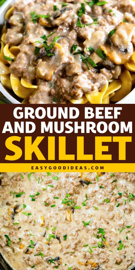 Craving cozy winter dishes or best comfort food recipes? This Creamy Beef and Mushroom Skillet is ready in just 30 minutes with a handful of ingredients! Perfect for warm dinner ideas, it’s rich, hearty, and delicious when served over pasta or rice. A simple, satisfying meal for chilly nights! Ground Beef With Mushroom Soup, Beef Crumble Recipes, Ground Beef Christmas Recipes, Ground Beef Mushrooms Recipes, Ground Beef Quick Dinner, Dinner Ideas With Mushrooms, Beef And Mushroom Recipes, Warm Dinner Ideas, Ground Beef Mushroom Recipe