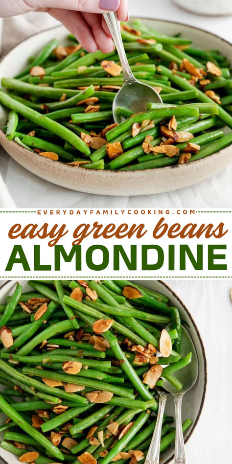 This Easy Green Beans Almondine Recipe is the BEST! Your Thanksgiving dinner menu won't be complete without it. So delicious and satisfying, these almond green beans are also an easy Christmas side dish everyone will love! Easy Green Beans Recipe, Whole Green Bean Recipes, Green Beans Almondine Easy, Easy Fresh Green Bean Recipes, How To Cook Green Beans, Make Ahead Green Beans, Green Bean Almondine Recipe, Steamed Green Bean Recipes, Almond Green Beans