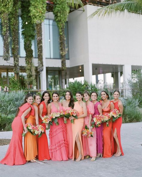 Pink And Coral Bridesmaid Dresses, Sunset Themed Bridesmaid Dresses, Sunset Bridal Party, Sunset Dress Code, Vibrant Bridesmaid Dresses, Sunset Bridesmaid Dresses Color Schemes, Orange And Pink Bridesmaid Dresses, Kumquat Wedding, Pink And Orange Bridesmaid Dresses