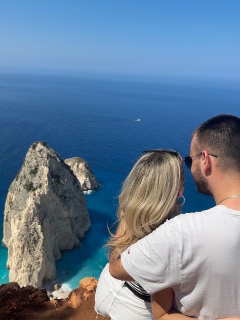 Zakynthos, Greece, Myzithres, Viewpoint, Couple, travel, blue water, beach, ocean Greece Couple Pictures, Zakynthos Photo Ideas, Couple Greece, Zakynthos Aesthetic, Crete Greece Chania, Couple Holidays, Greek Honeymoon, Greece Couple, Couples Holiday Photos