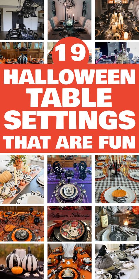 19 creative and fun Halloween table setting ideas with spooky decorations including pumpkins, candles, and skeletons. Gothic Table, Halloween Table Settings, Creative Halloween Decorations, Halloween Party Table, Halloween Placemats, Halloween Symbols, Halloween Tablescape, Orange Table, Halloween Centerpiece