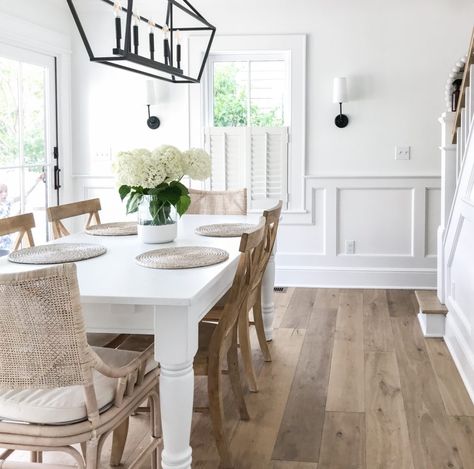 Farmhouse Tour Friday {vol. 21} // Loving this dining area with a white farmhouse table, wooden chairs, and darlana light pendant. #diningroom #diningroomideas White Dining Room Table, White Farmhouse Table, Dining Room Table And Chairs, Farmhouse Tour, Farmhouse Dining Rooms Decor, White Dining Table, White Dining Room, Beautiful Dining Rooms, White Farmhouse