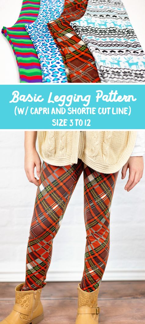 Free Legging Sewing pattern. For girls, size 3 to 12 (includes capri and shortie pattern) Girls Leggings Pattern, Legging Pattern, Apostolic Fashion, Winter Model, Sewing Patterns Girls, Trendy Sewing, Basic Leggings, Beginner Sewing Projects Easy, Creation Couture