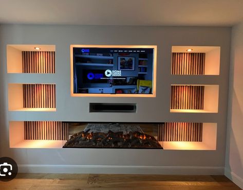 Media Wall Design, Floating Fireplace, Best Electric Fireplace, Wall Design Ideas, Feature Wall Living Room, Built In Shelves Living Room, Electric Fire, Living Room Decor Inspiration, Living Room Decor Fireplace