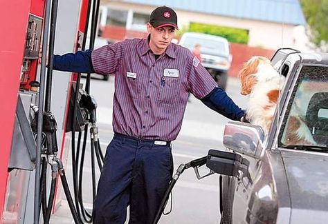 gas station attendants...no more & you ran over the hose thing DING so they had to stop working on cars to fill 'er up. Now? Sell cigarettes & lottery tickets :( Gas Station Employee, Gas Station Uniform, Gas Station Attendant, Environmental Portrait, Zombie Prom, Strip Clubs, Lottery Tips, Old Gas Stations, Environmental Portraits