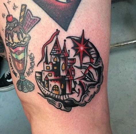 Have you heard that fashion comes back around? Well, the trend for traditional tattoos never went away. Keep up with the times with 50+ traditional tattoo ideas. 80s Metal Tattoos, Traditional Magic Tattoo, Castle Tattoo Traditional, Traditional Castle Tattoo, Traditional Tattoos Ideas, Traditional Wizard Tattoo, Labyrinth Tattoo, Wizard Tattoo, Castle Tattoo