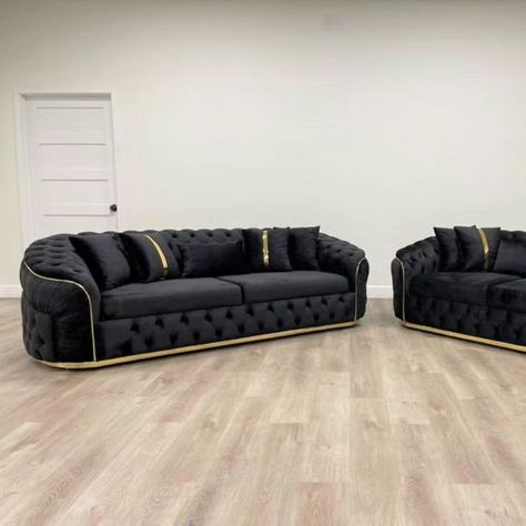 "Transform your living space with our Ambassador sofa set, featuring exquisite black velvet and gold detailing. Elevate your home decor with luxurious comfort and style. Available in a variety of colors and configurations to suit your taste. #AmbassadorSofa #LuxuryLiving #BlackVelvet #GoldDetailing #HomeDecor #InteriorDesign #CustomFurniture" Black Velvet Sofa, Oversized Sofa, Best Living Room, Sofa And Loveseat Set, Sofa Loveseat, Furniture Design Living Room, Mattress Bedroom, Black Sofa, Living Room Set