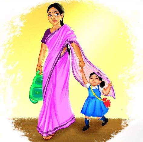 Indian Mom Illustration, Indian Family Illustration, Hindi Project, Mother And Child Drawing, Mother And Daughter Drawing, Mom Daughter Photography, Mothers Day Cartoon, Mummy Birthday, Cartoon Youtube